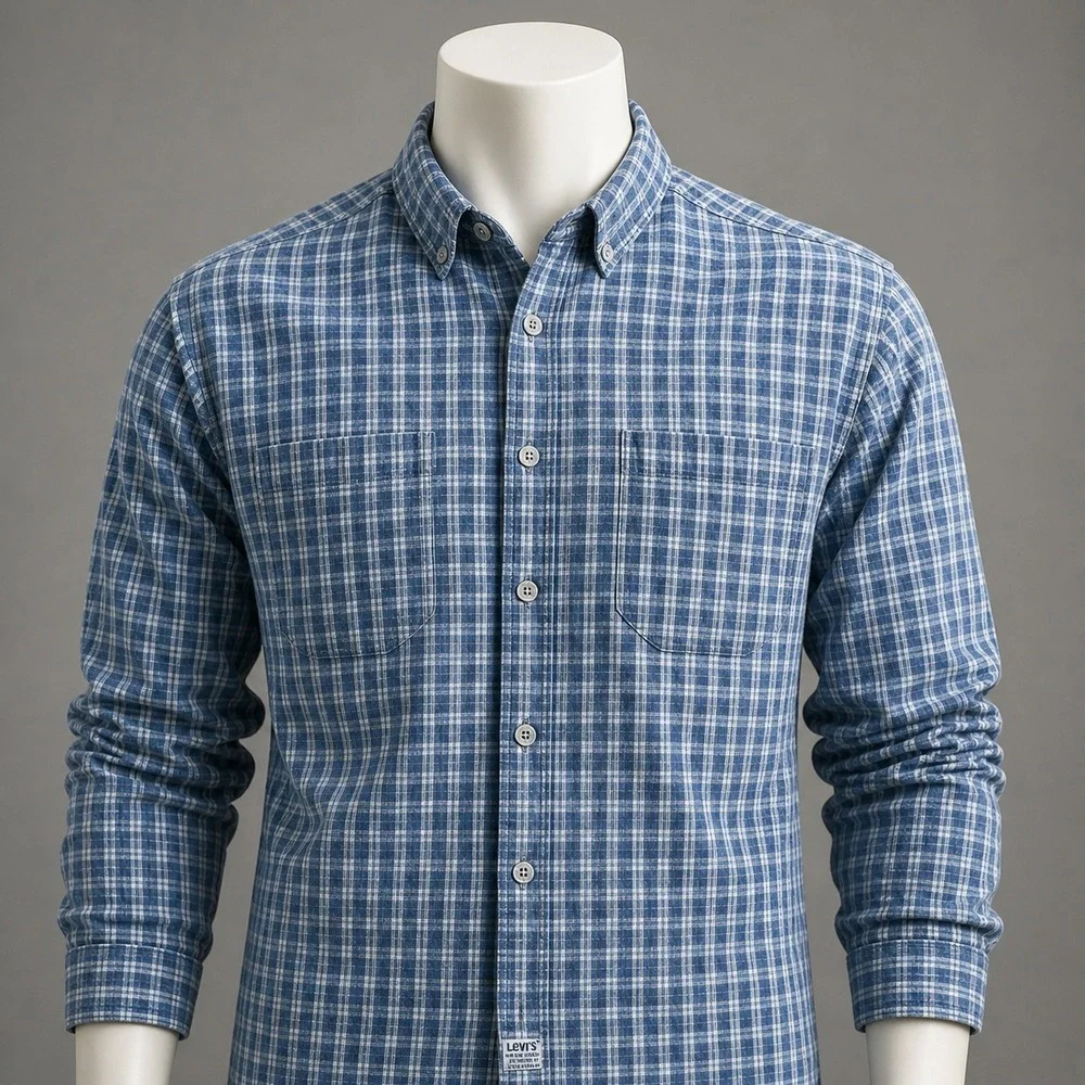 Levis Mens Blue White Plaid Cotton Flannel Button Down Shirt Long Sleeve Size L‎